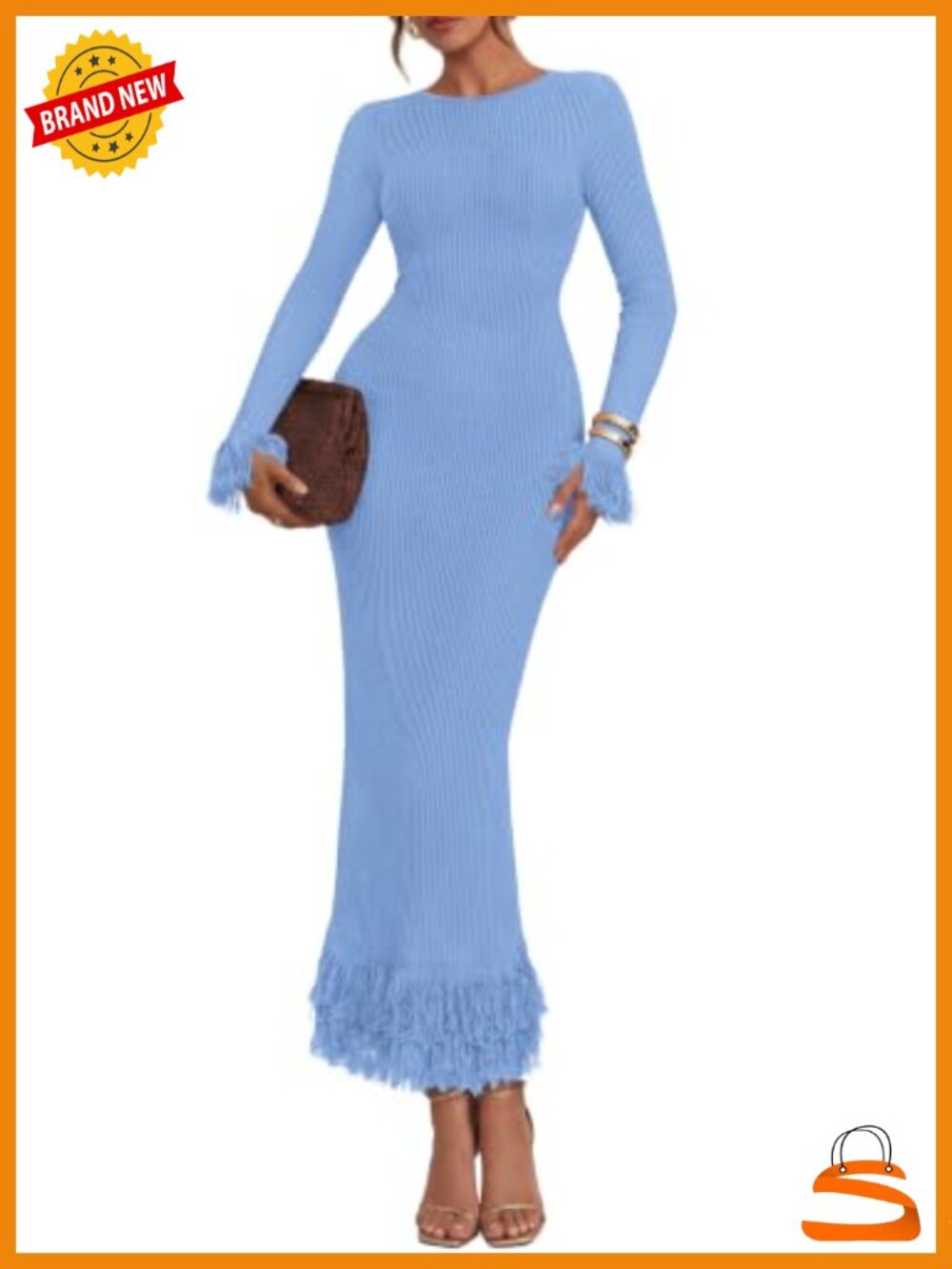 Womens Long Sleeve Bodycon Sweater Dress Crewneck Fringe Maxi